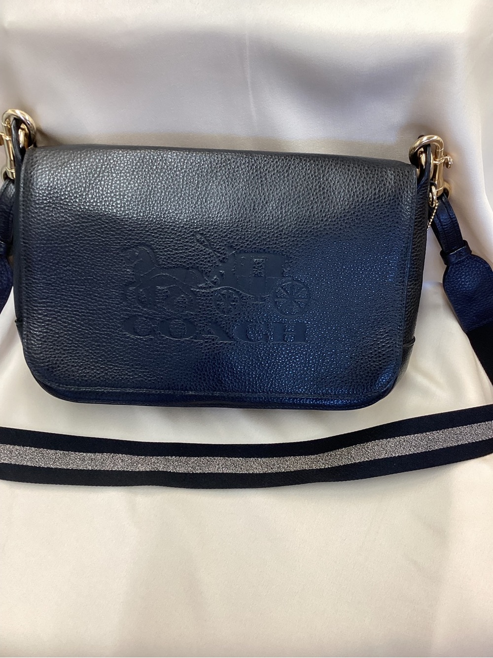 Coach Navy Pebbled Leather Crossbody with Contrast Strap